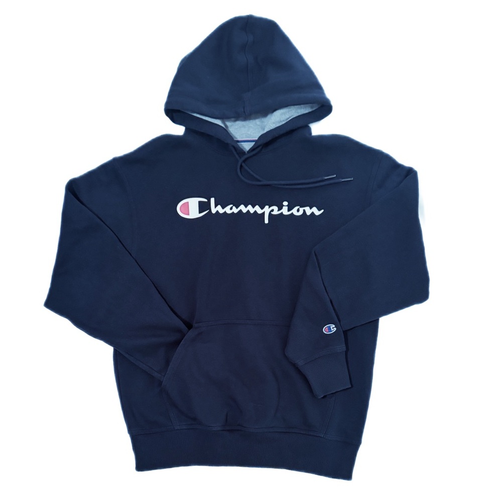 Classic Champion Hoodie with Script Logo in Navy
